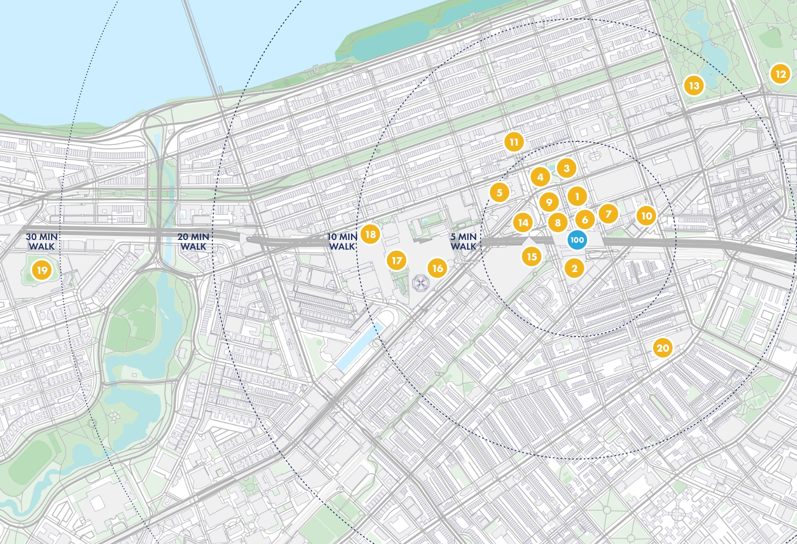 View of 100 Clarendon Street garage in Boston Back Bay with nearby landmarks including Copley Square and Prudential Center